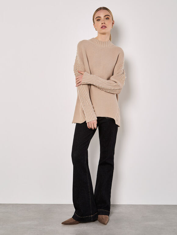 Pearl Gemstone Embellished Jumper, Brown, large