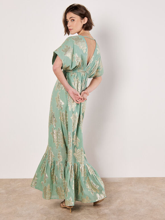 Gold Foil Floral Maxi Dress, Mint, large