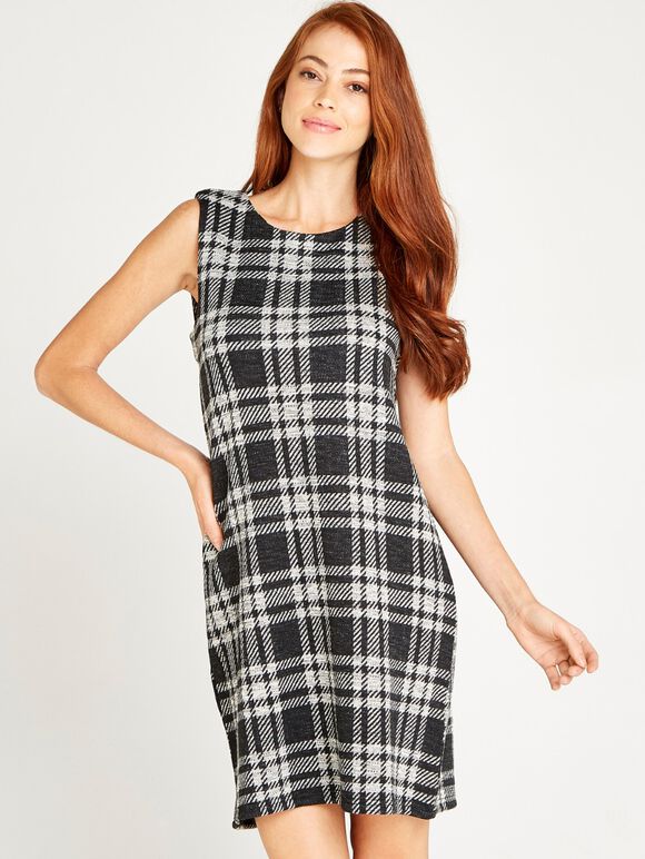 Plaid Sleeveless Shift Dress, Black, large