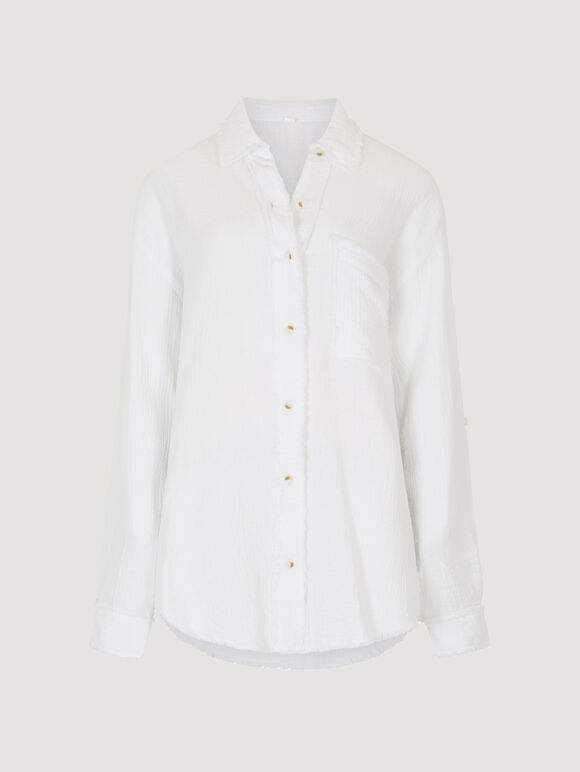 Textured Cotton Oversized Shirt, White, large