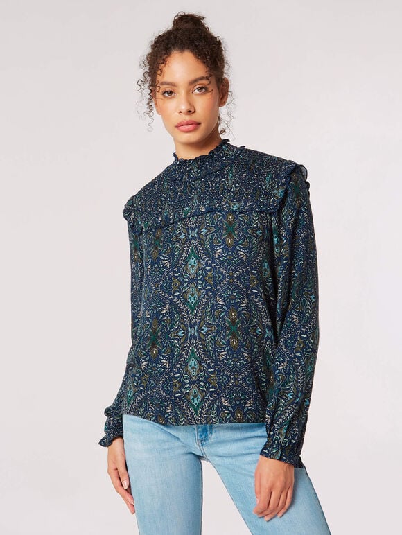 Paisley Ruffle Top, Navy, large