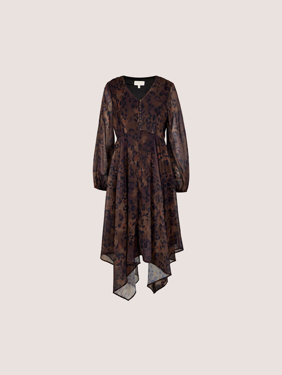 Leopard Print Chiffon Midi Dress, Brown, large