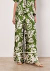Tropical Leaf Print Satin Wide Leg Trousers, Green, large