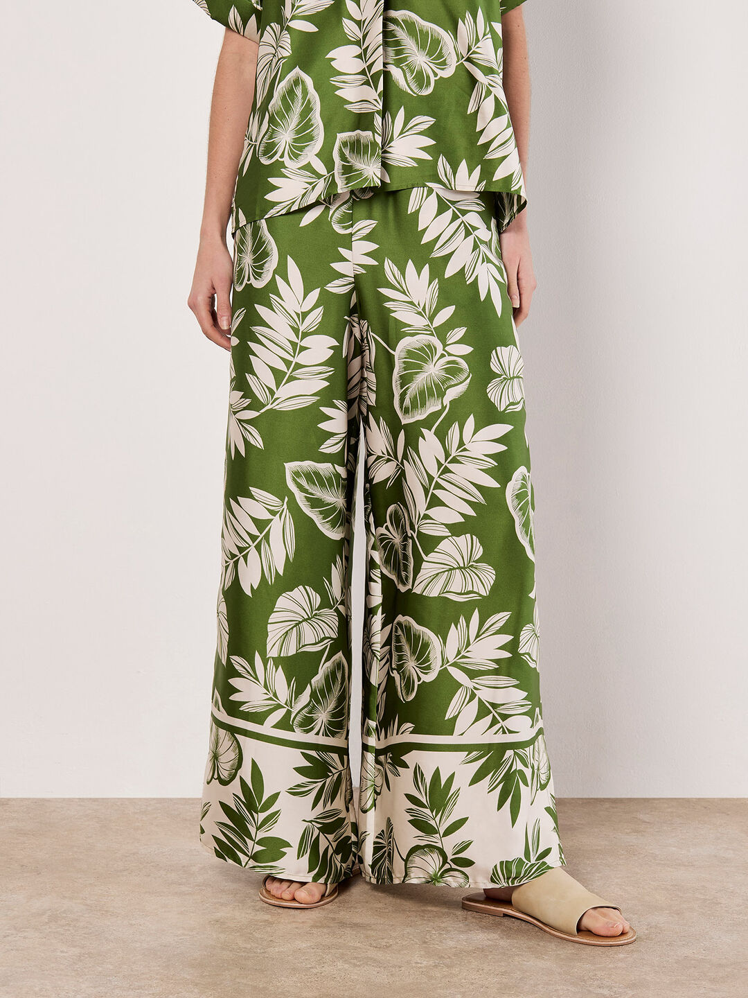 Tropical Leaf Print Satin Wide Leg Trousers