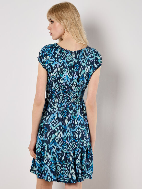 Colourful Ikat Milkmaid Mini Dress, Navy, large