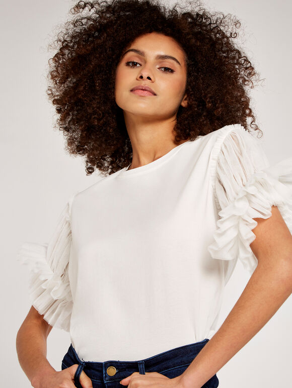 Tulle Sleeve Top, White, large