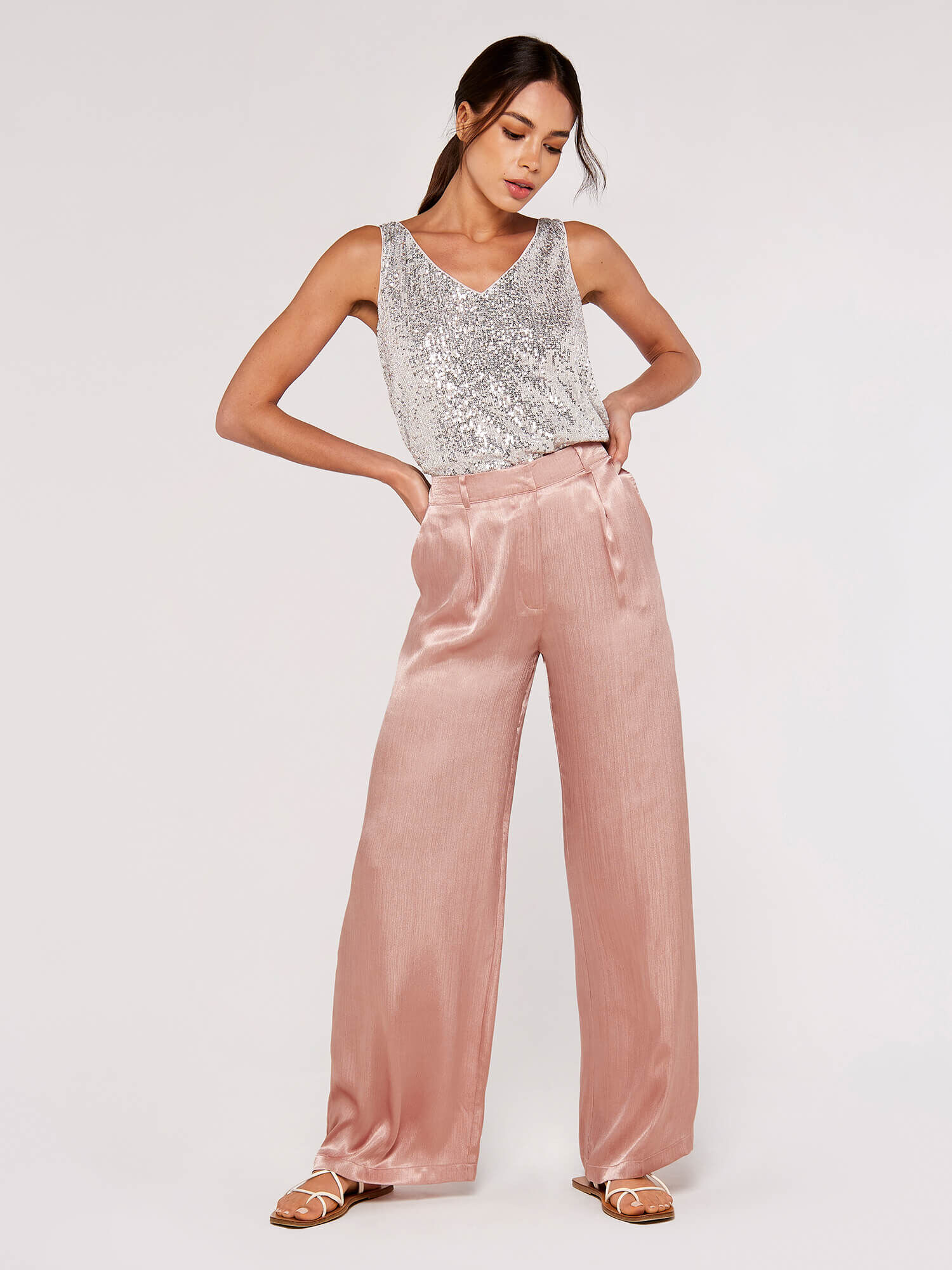 Pink satin wide leg trousers hot sale
