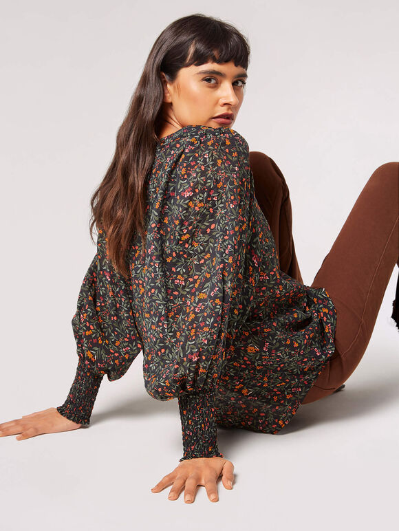 Ditsy Floral Balloon Sleeve Top, Black, large