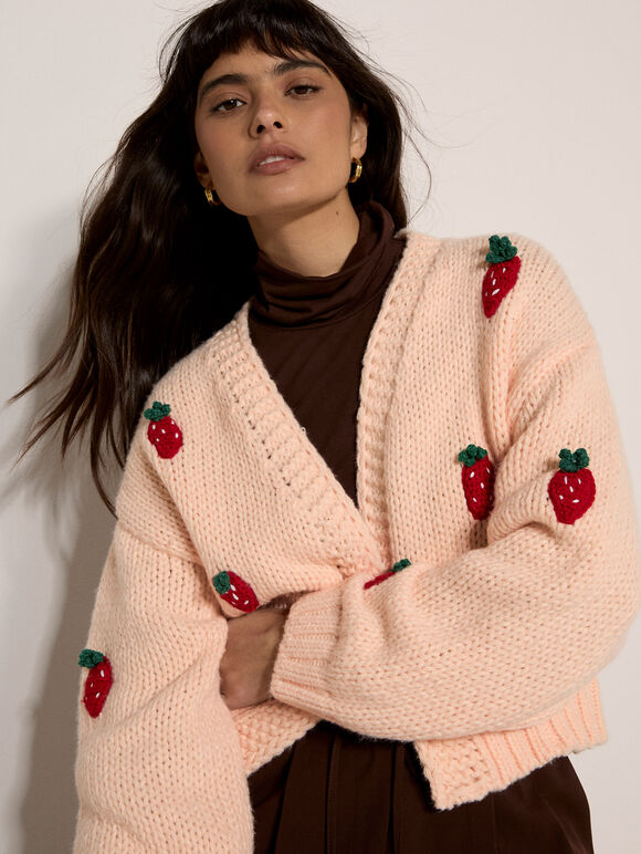 Chunky Knit Strawberry Cardigan, Peach, large