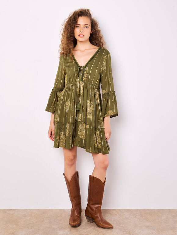 Paisley Shimmer Mini Dress, Khaki, large