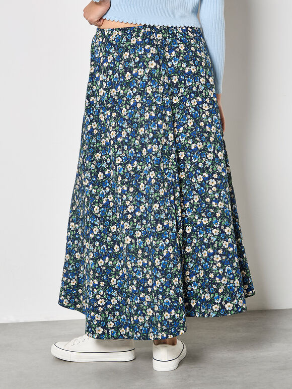 Floral Print A-Line Midaxi Skirt, Navy, large