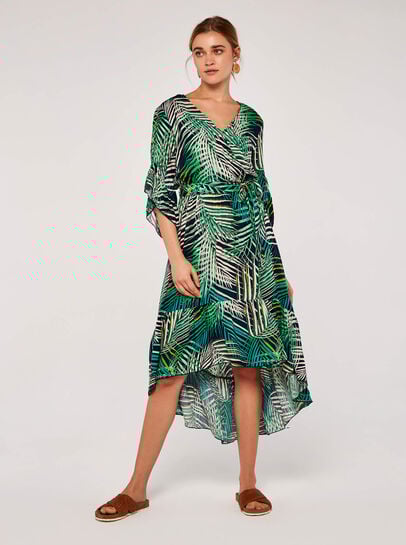 Tropical Leaf Ruffle Midi Dress