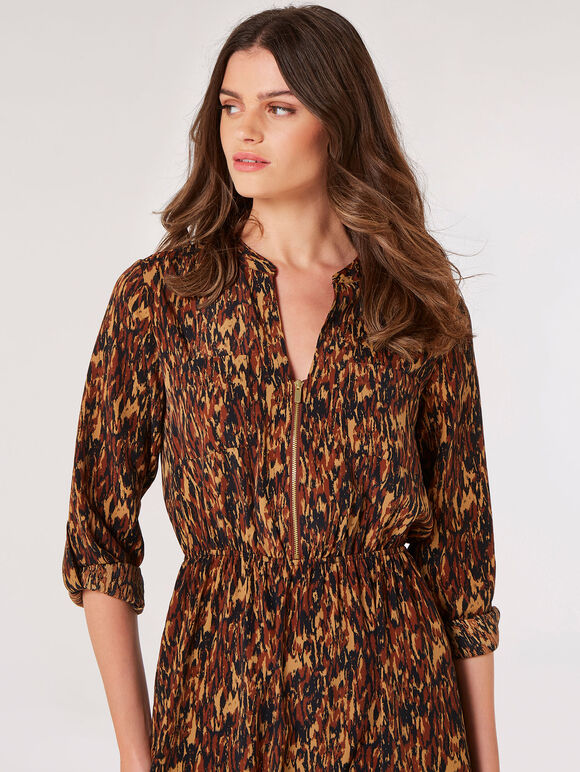 Texture Print Zip Midi Dress, Brown, large