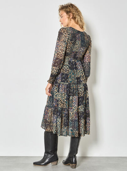 Ikat Patchwork Smocked Chiffon Midi Dress