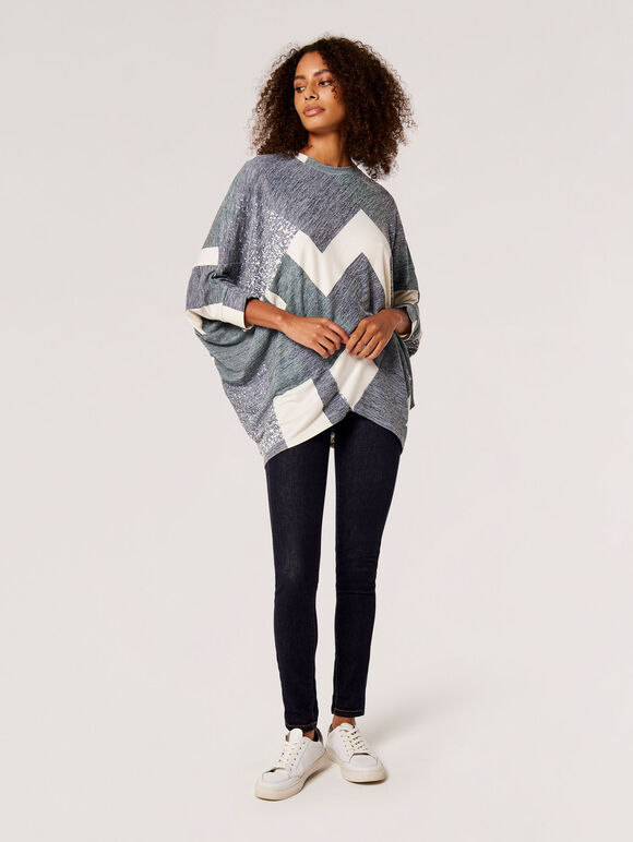 Batwing Geometric Jersey Top, Navy, large