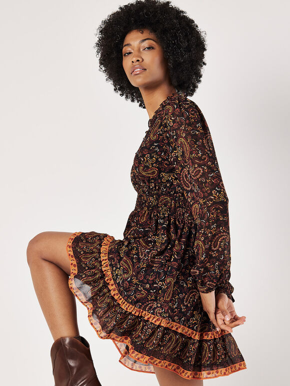 Paisley Ruffle Mini Dress, Black, large