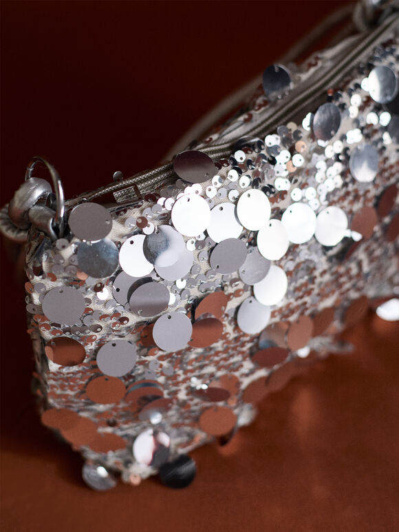 Sequinned Shoulder Bag, Silver, large