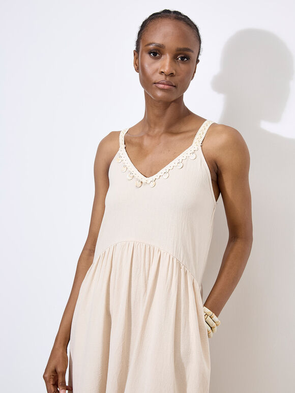 Bead Embellished Cotton Midaxi Dress, Stone, large