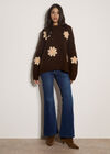 Chunky Knit Flower Applique Jumper, Brown, large
