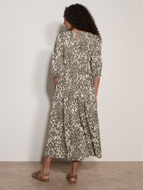 Tapestry Ikat Midi Dress, Khaki, large