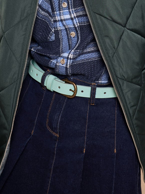 Thin Leather Gold Buckle Belt, Blue, large