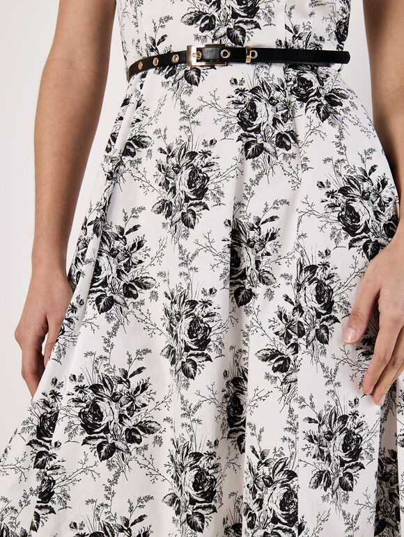 Rose Print Fit and Flare Midi Dress, White, large