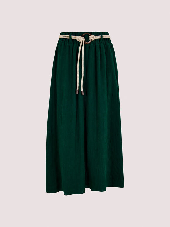 Rope Belt Cotton Midi Skirt, Green, large