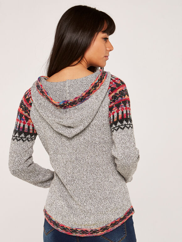 Aztec Knit Hooded Jumper, Grey, large