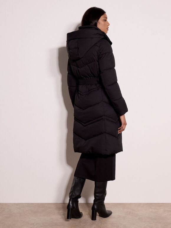 Long Belted Puffer Coat, Black, large