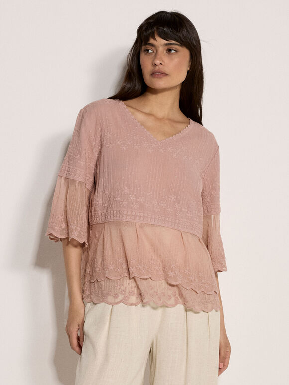 Embroidered Cotton Mesh Blouse, Pink, large
