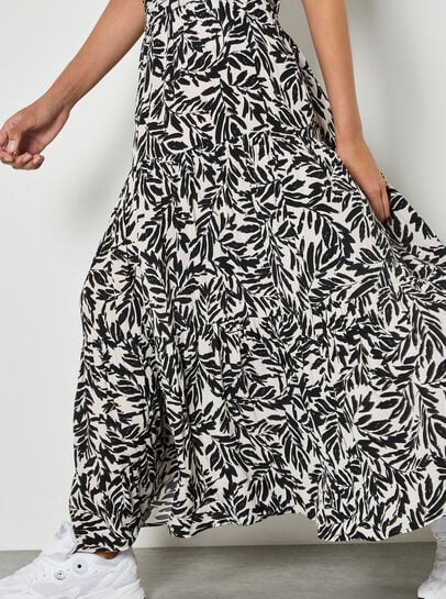 Leaf Print Tiered Midi Skirt