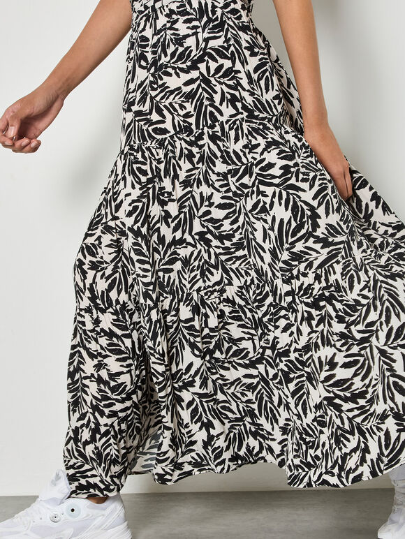 Leaf Print Tiered Midi Skirt, Cream, large