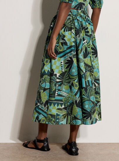 Tropical Leaf Patchwork Cotton Midi Skirt