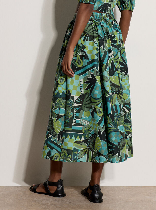Tropical Leaf Patchwork Cotton Midi Skirt, Aqua - Turquoise, large
