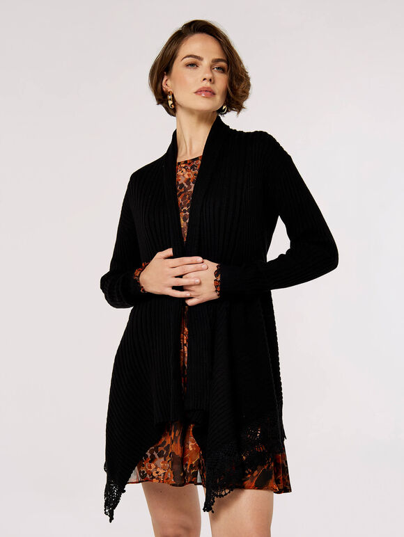 Waterfall Crochet Trim Ribbed Cardigan, Black, large