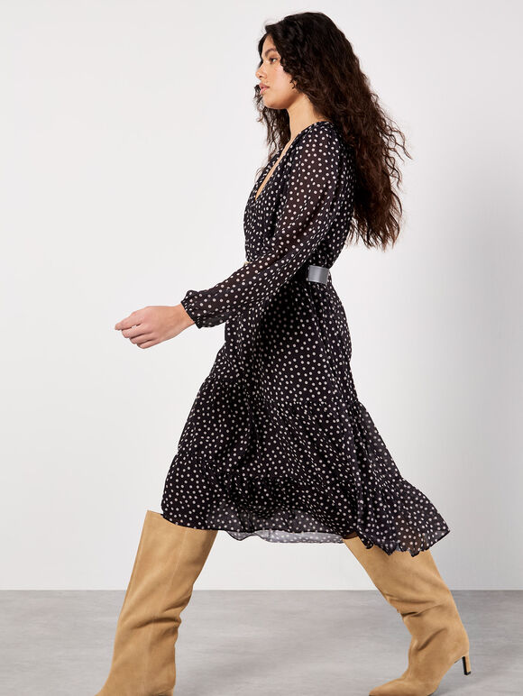 Polka Dot Chiffon Wrap Midi Dress, Black, large