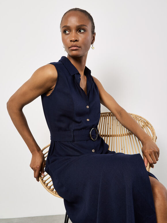 Linen Blend Shirt Midi Dress, Navy, large