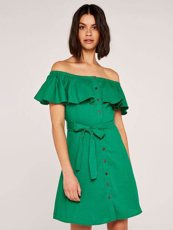 Ruffle Bardot Linen Dress, Green, large