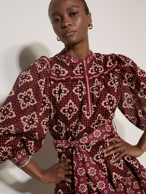 Tile Print Shift Mini Dress, Burgundy, large