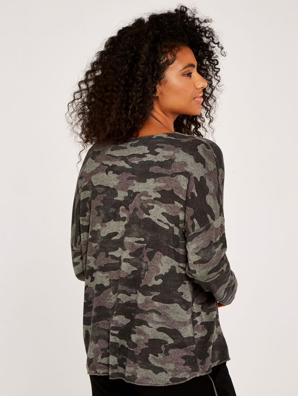 Camouflage Print Batwing Top, Khaki, large