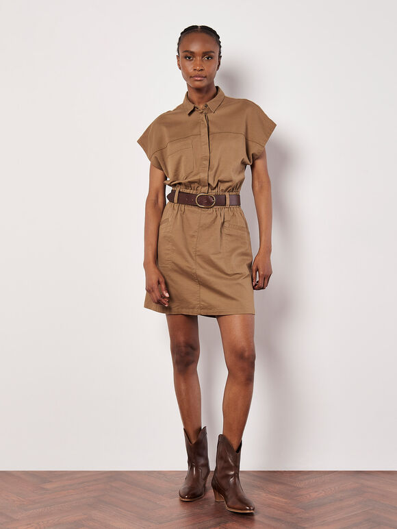Utility Shirt Mini Dress, Brown, large