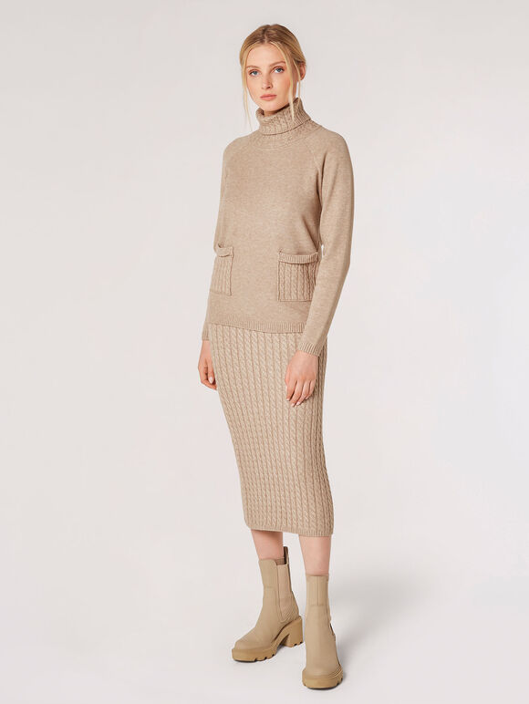 Aran Knitted Midi Skirt, Stone, large