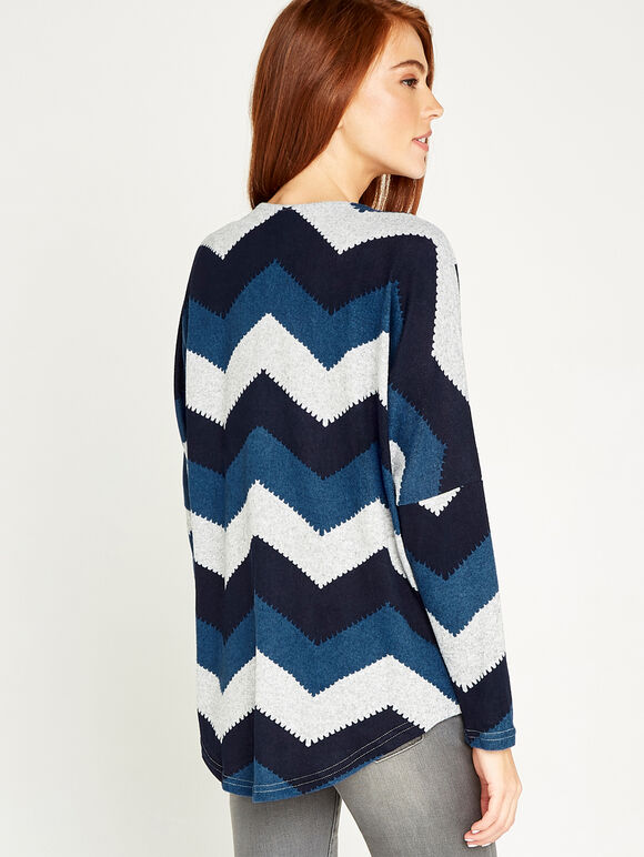 Blue Chevron Big Zipper Top, Blue, large