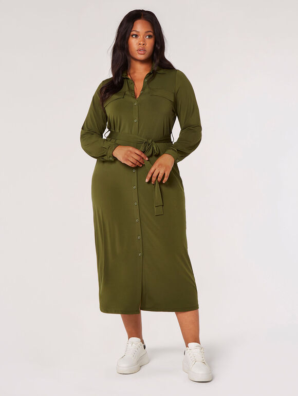 Curve Jersey Shirt Midi Dress, Khaki, large