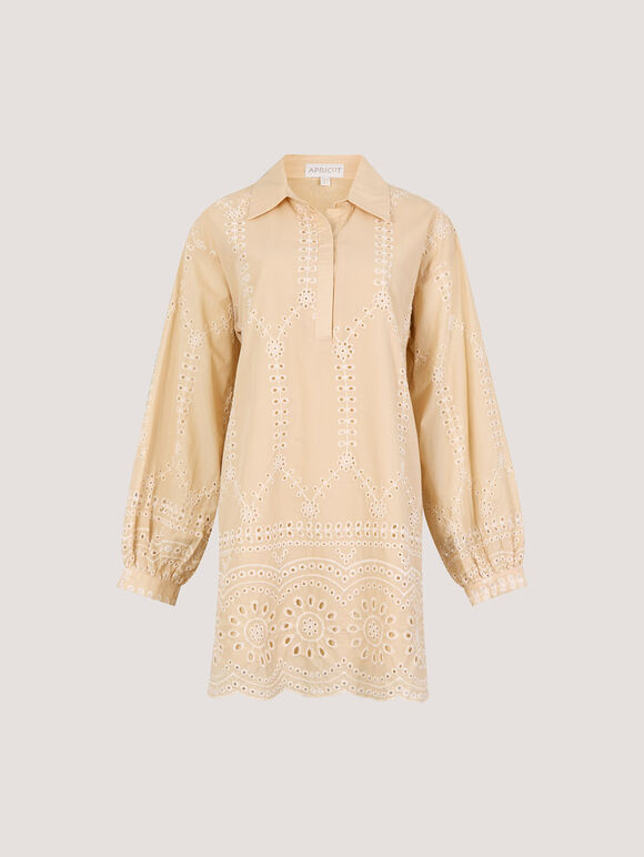 Broderie Anglaise Cotton Swing Mini Dress, Stone, large