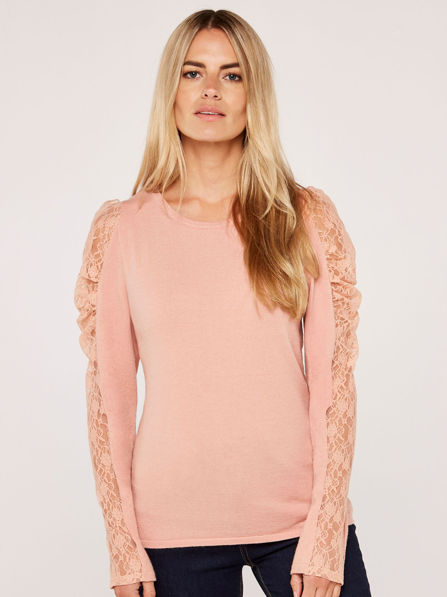 Ruche Lace Sleeve Soft Touch Jumper Apricot Clothing