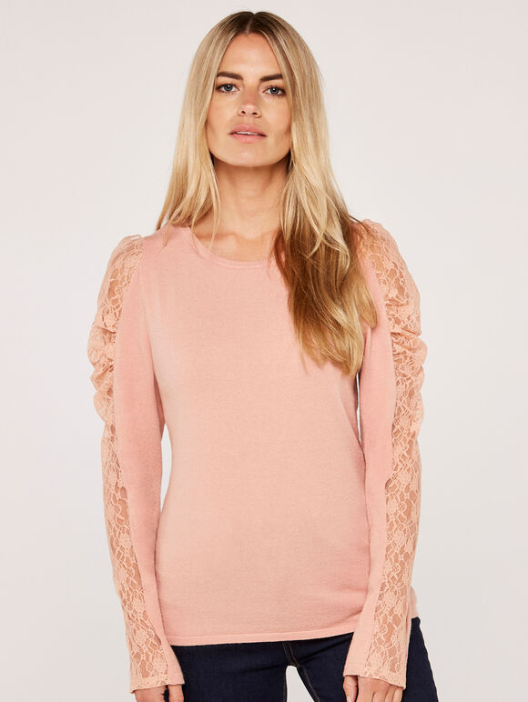Ruche Lace Sleeve Soft Touch Jumper, Pink, large