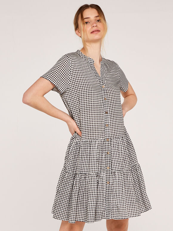 Mini Gingham Shirt Tiered Dress, Black, large