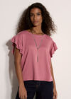 Ruffle Sleeve Textured T-Shirt, Pink, large