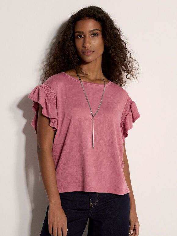 Ruffle Sleeve Textured T-Shirt, Pink, large